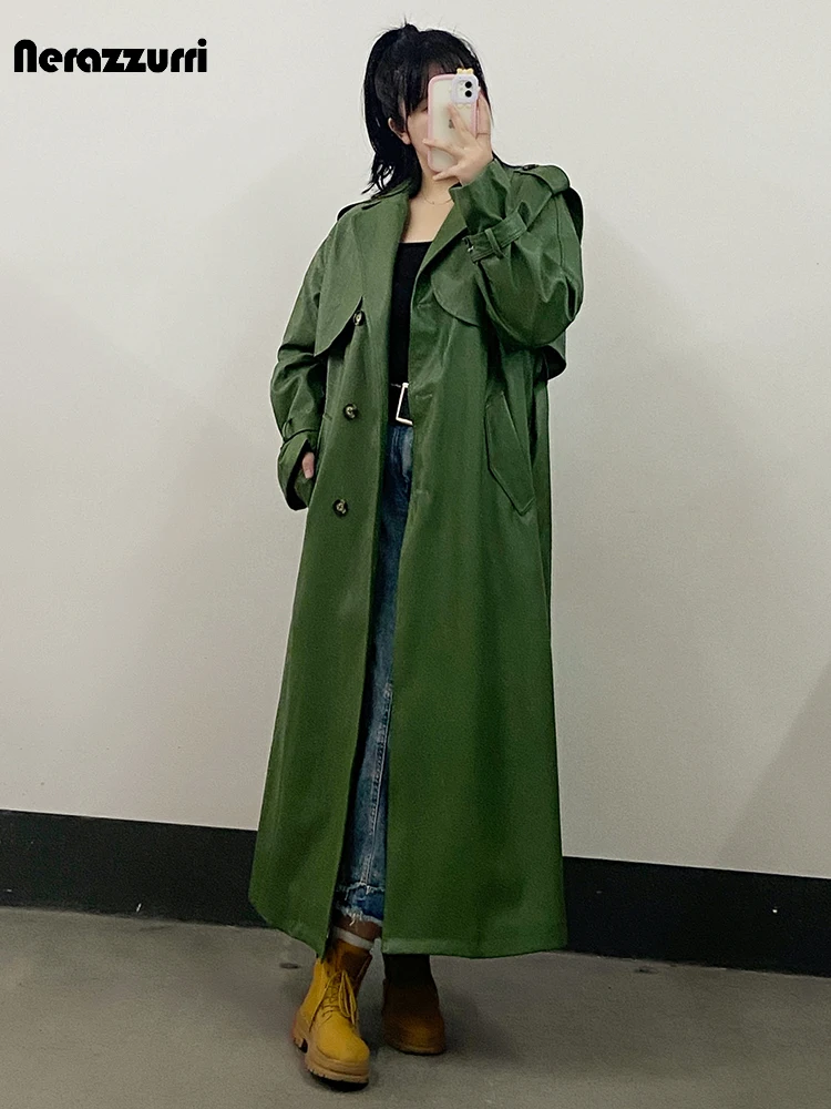 

Nerazzurri Spring Autumn Long Green Loose Casual Faux Leather Trench Coat for Women Sashes Double Breasted Cool European Fashion