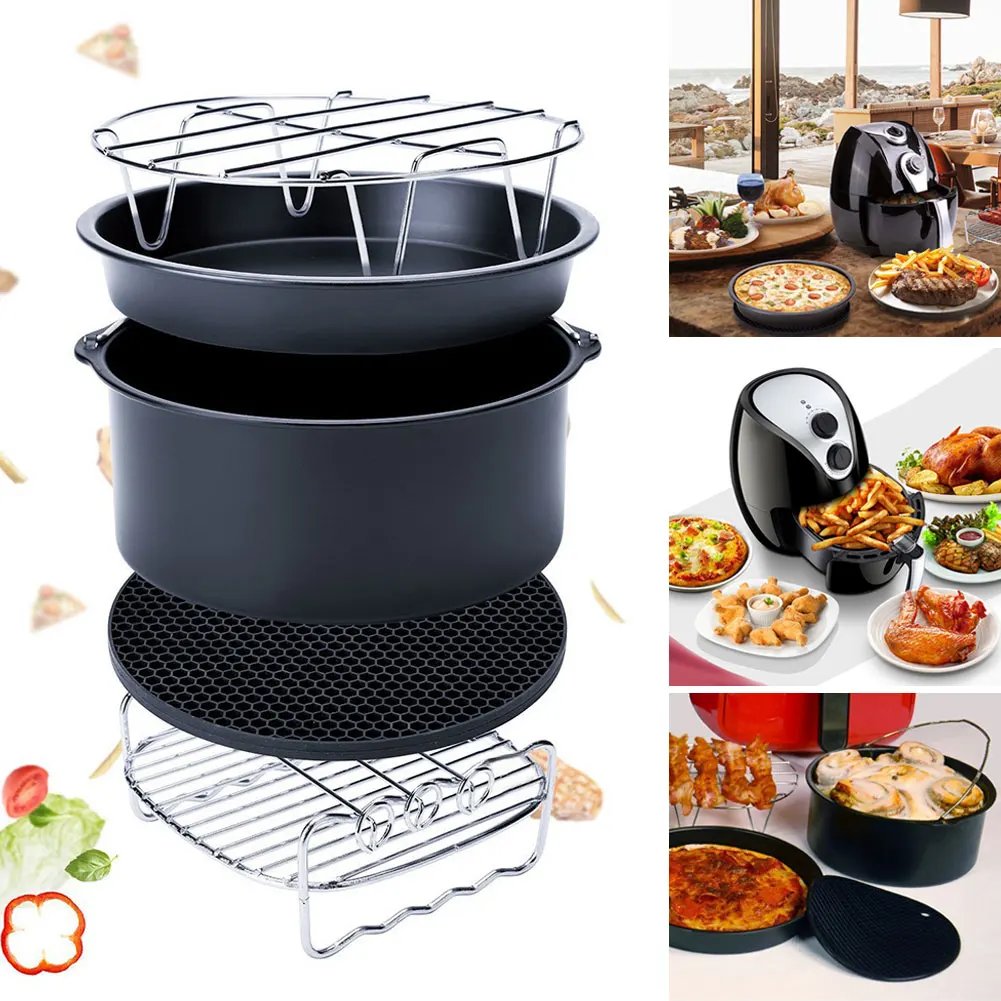 

5-Set Air Fryer Accessories for Gowise Phillips Cozyna Fit 3.7-5.8QT Cake Barrel Pan Rack Mat Kit xqmg