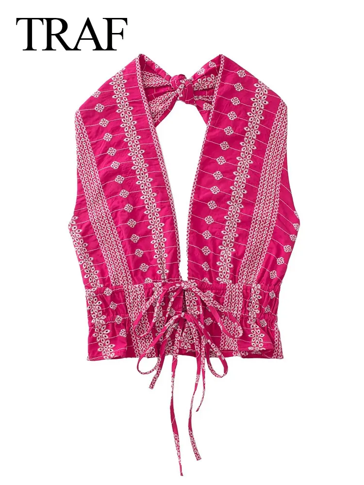 

TRAF Retro Fashion Halter Tie Backless Elastic Short Top Women's Sexy Deep V-Neck Striped Embroidered Ladies Tank Top New