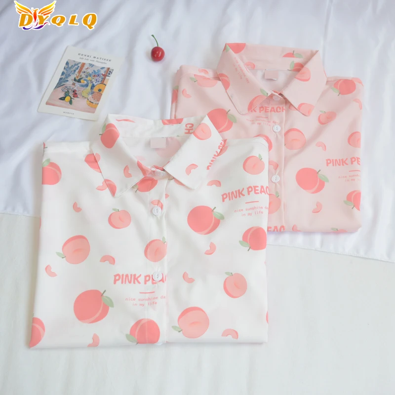 

2022 fashion pink peach print women t shirt elegant summer harajuku vintage kawaii short sleeve turn down collar white top shirt