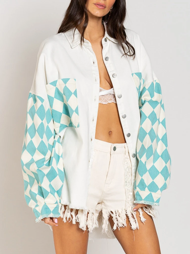 

Women Jacket Autumn Winter New Fashion Checkerboard Stitching Loose Casual Vintage Office Lady Coat Outerwear Chic Tops