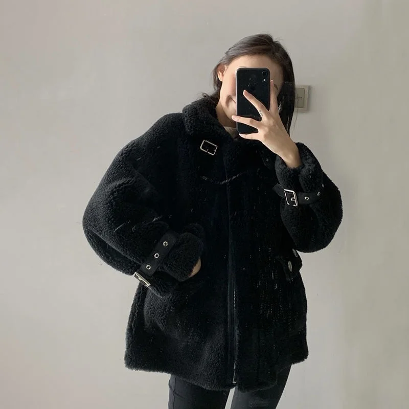 2022 Korean Version Was Thin Lamb Wool Granular Fleece Fur Winter Sheep Shearing Stitching Fur One Long-sleeved Jacket Female