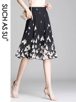 high quality pleated womens summer skirts black floral ruffles chiffon elastic high waist slim ladies elegant mid long skirt