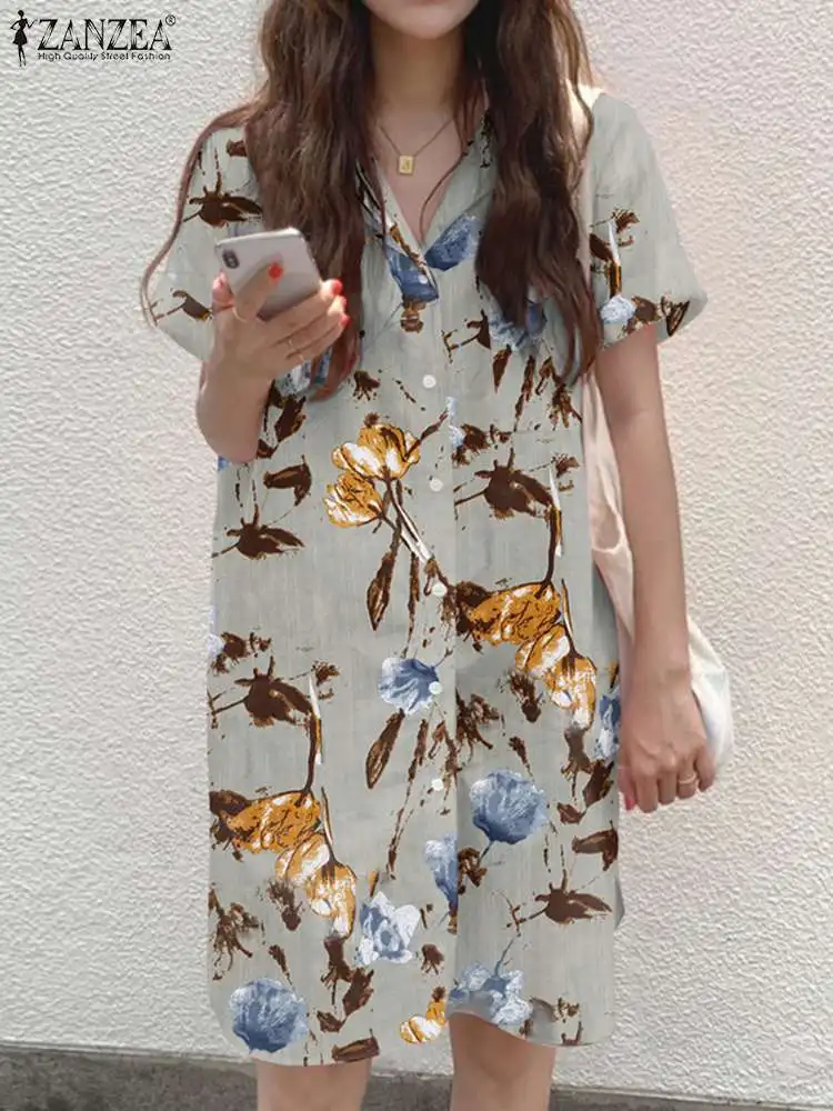 

ZANZEA Women Summer Floral Printed Blouse Lapel Short Sleeve Front Pockets Tops Femme Bohemian Elegant Casual Beach Holiday Robe