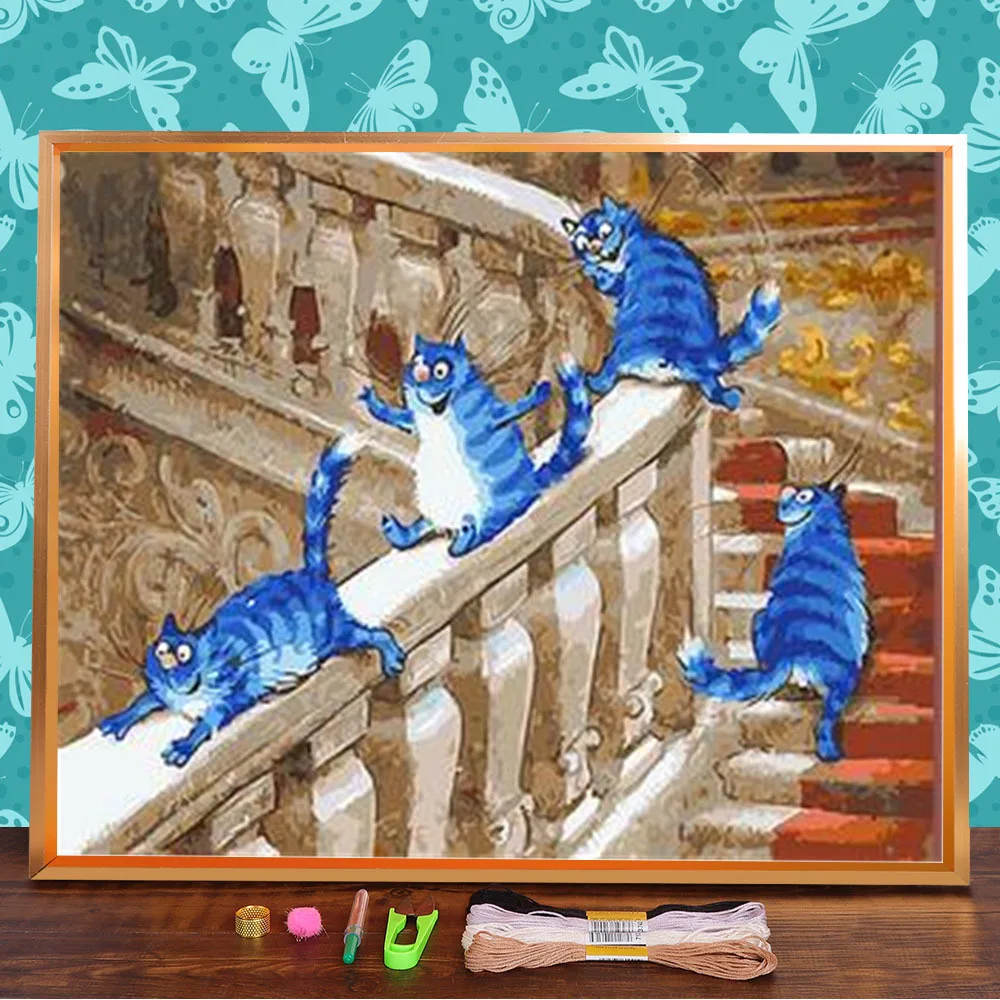 Водорастворимый холст с рисунком мультяшного синего и белого кота 11CT Набор для