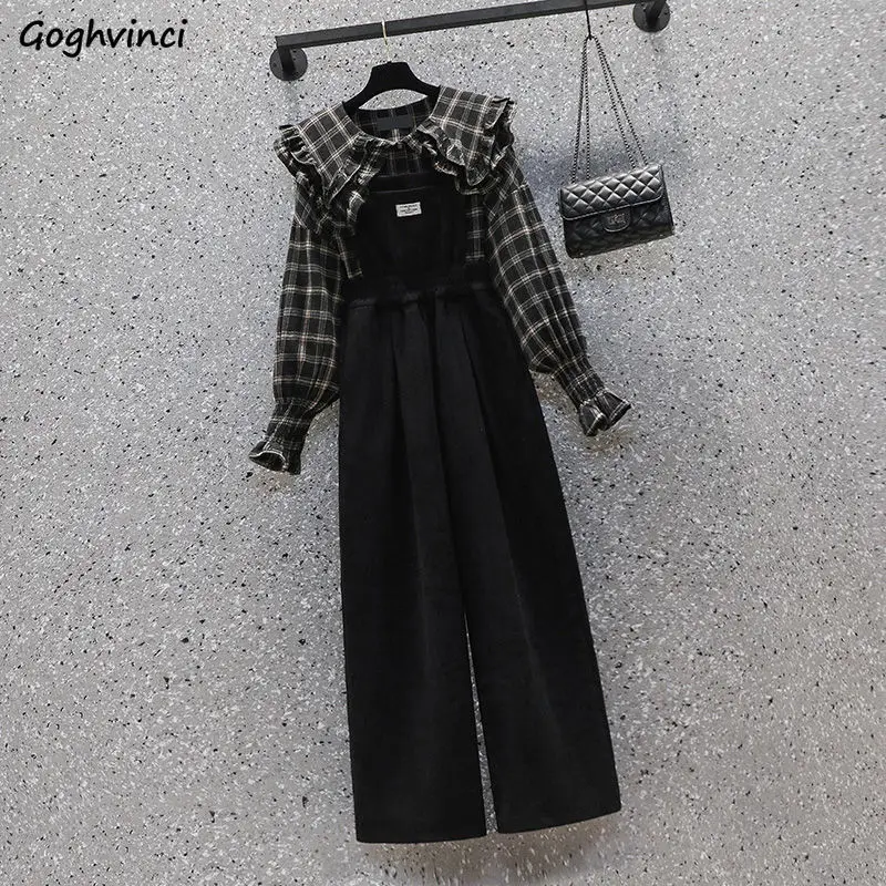 

Sets Women Peter Pan Collar Flare Sleeve Korean Style Ladies Streetwear All-match Spring Popular Collage High Waist Plaid Ins