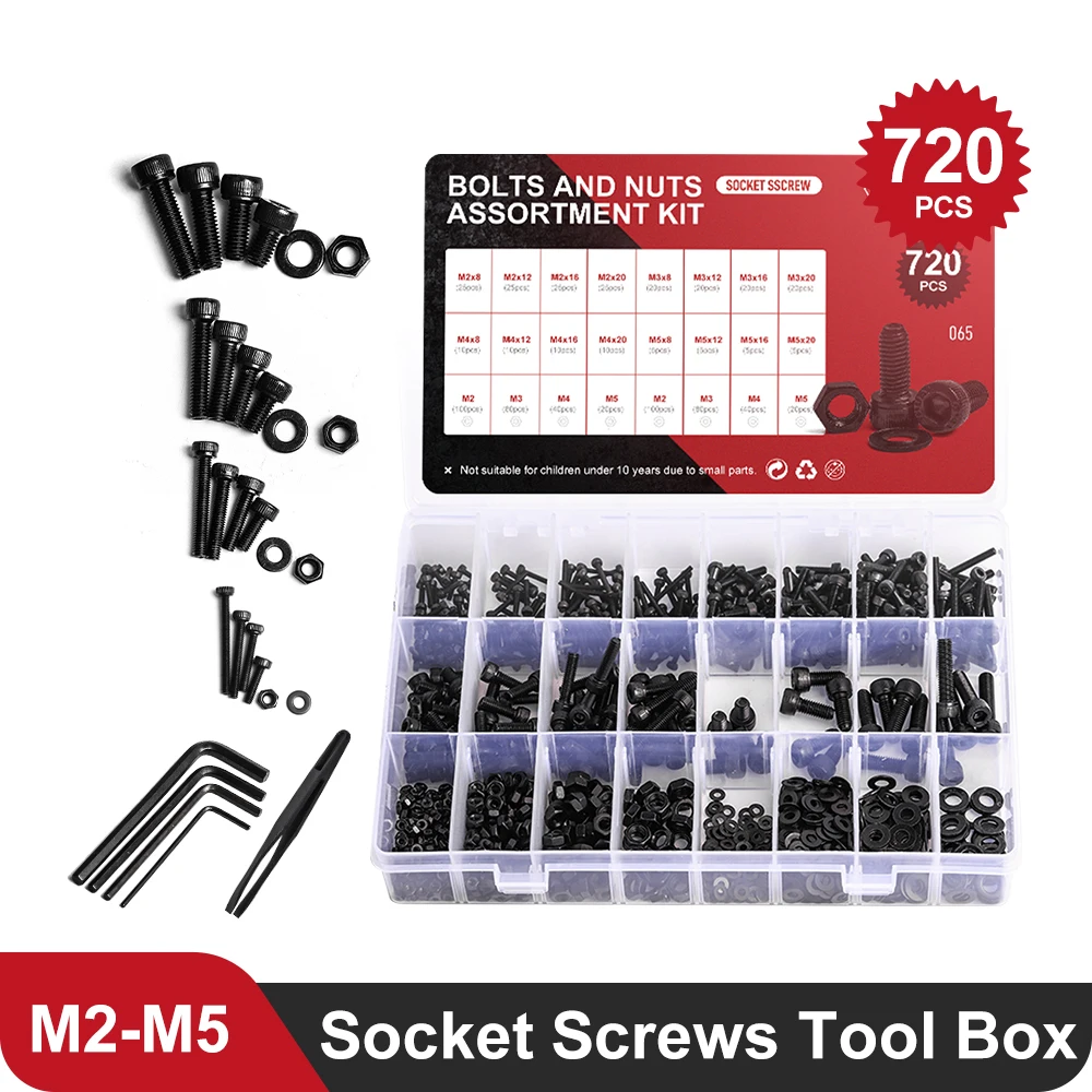 Socket Screws Assortment Kit 720 PCS M2 M3 M4 M5 10.9/12.9 Carbon Steel Black Allen Round Flat Gasket Washers Hex Nuts Tools Set