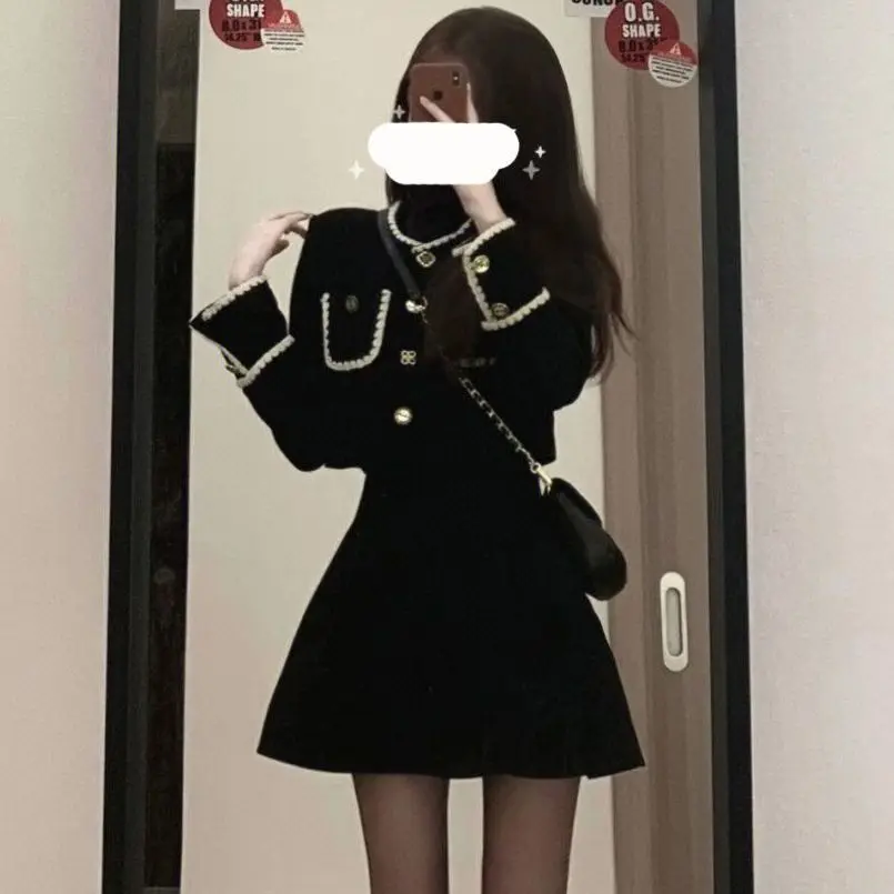 

2023 Women Autumn Winter French Suits Female Solid Color Short Jackets Ladies High Waist A-line Mini Skirts 2 Piece Sets I185