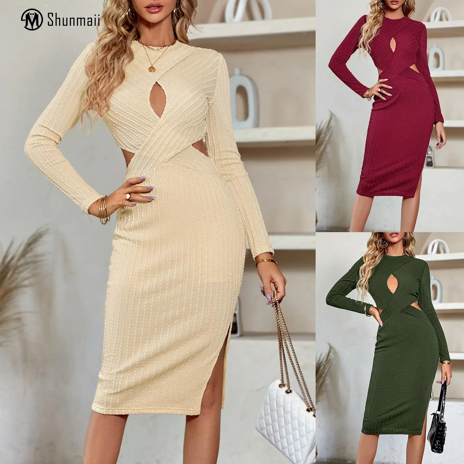 

Женское платье с длинным рукавом, повседневное длинное облегающее платье с разрезом сбоку, облегающее однотонное платье с вырезом лодочкой, повседневная одежда