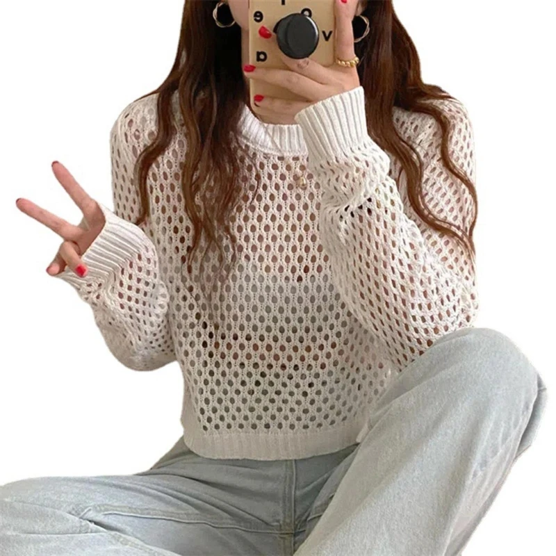 

Summer Smock Solid Color Sweet Shirt Hollows O-Neck Jackets 2023 New Lace Age-Reducing Top Knitting for Womens Girl 57BD