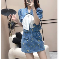 floral denim sets for women summer 2022 new classic style bow patch short sleeve top a line skirt two piece suits outfits