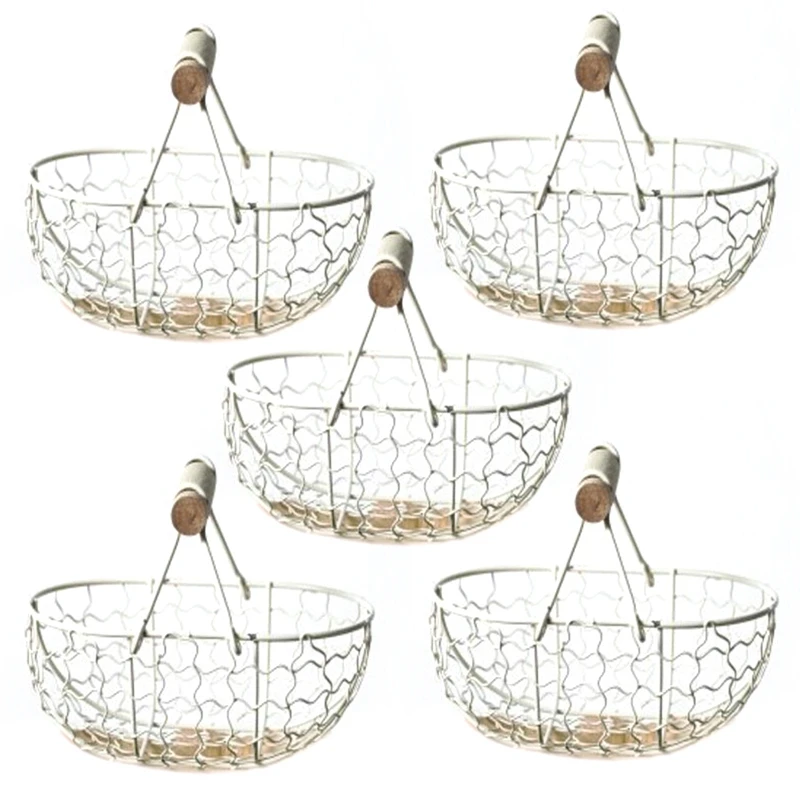 

Hot 5X Wooden Handle Metal Retro Basket Portable Multi-Function Vegetable Fruit Egg Groceries Practical Storage Basket White