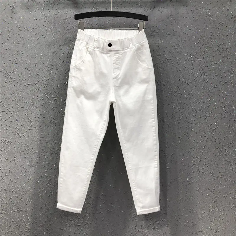 

Spring Summer Women Ankle-length Pants Plus Size Solid Cotton Denim Loose Harem Pants White Black Elastic Waist Jeans M-3XL D68