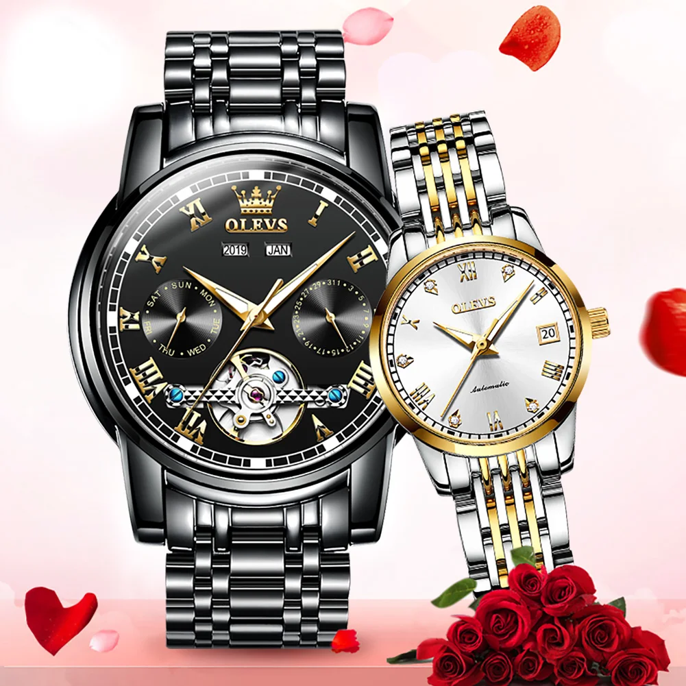 OLEVS New Luxury Couple Watch Automatic Mechanical Wristwatch Fashion Lover Classic Waterproof Watches Lover's Gifts