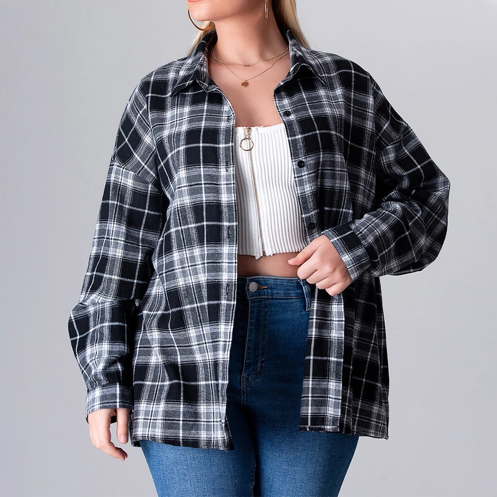 Plus Size Women V-Neck Plaid Long Sleeve T-Shirt Tops Ladies Casual Check Blouse Large Loose Check Printed Shirt L-3XL 4XL