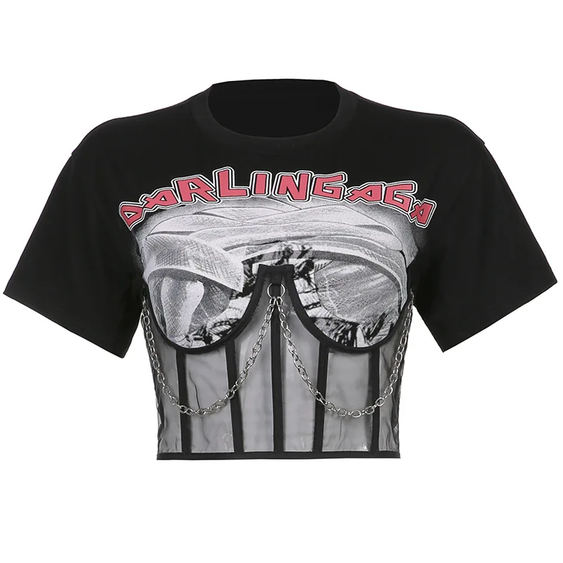 

Summer Women Y2K Crop Top Streetwear Sexy Club Transparent Mesh Patchwork T-shirt Goth Grunge Shirt Blouse Tops Tee