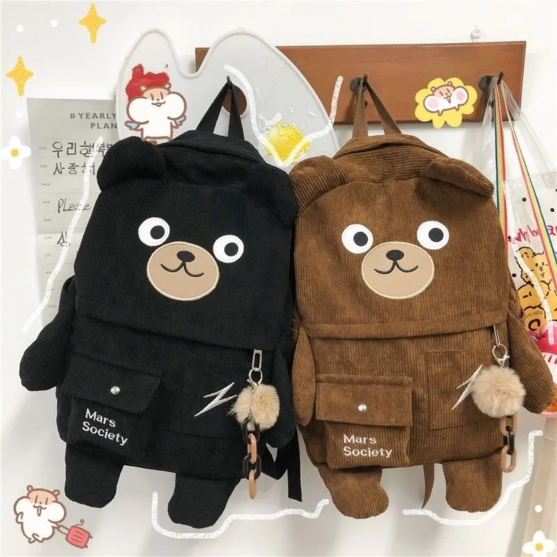 

New Creative Cartoon Backpack Women Cute Bear Casual Backpacks Large Corduroy Embroidery Schoolbag For Teenage Student 2023