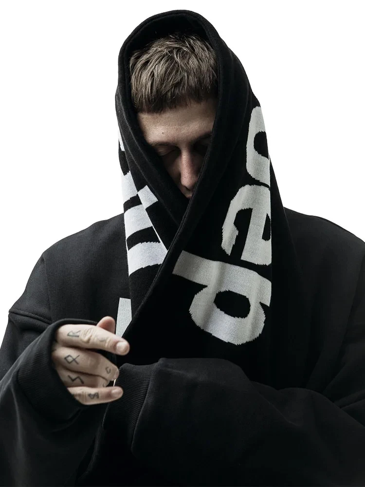 Мужской шарф зимняя уличная одежда Y2k черный вязаный с надписью в готическом
