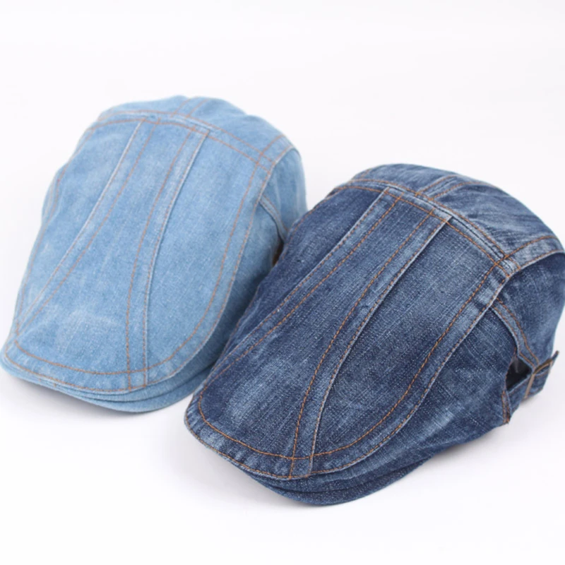 

2023 Washed Denim Men Hats Spring Autumn New Boy Beret Caps Retro Irish Buckle Cabbie Hat Duckbill Visor Flat Cap For Women