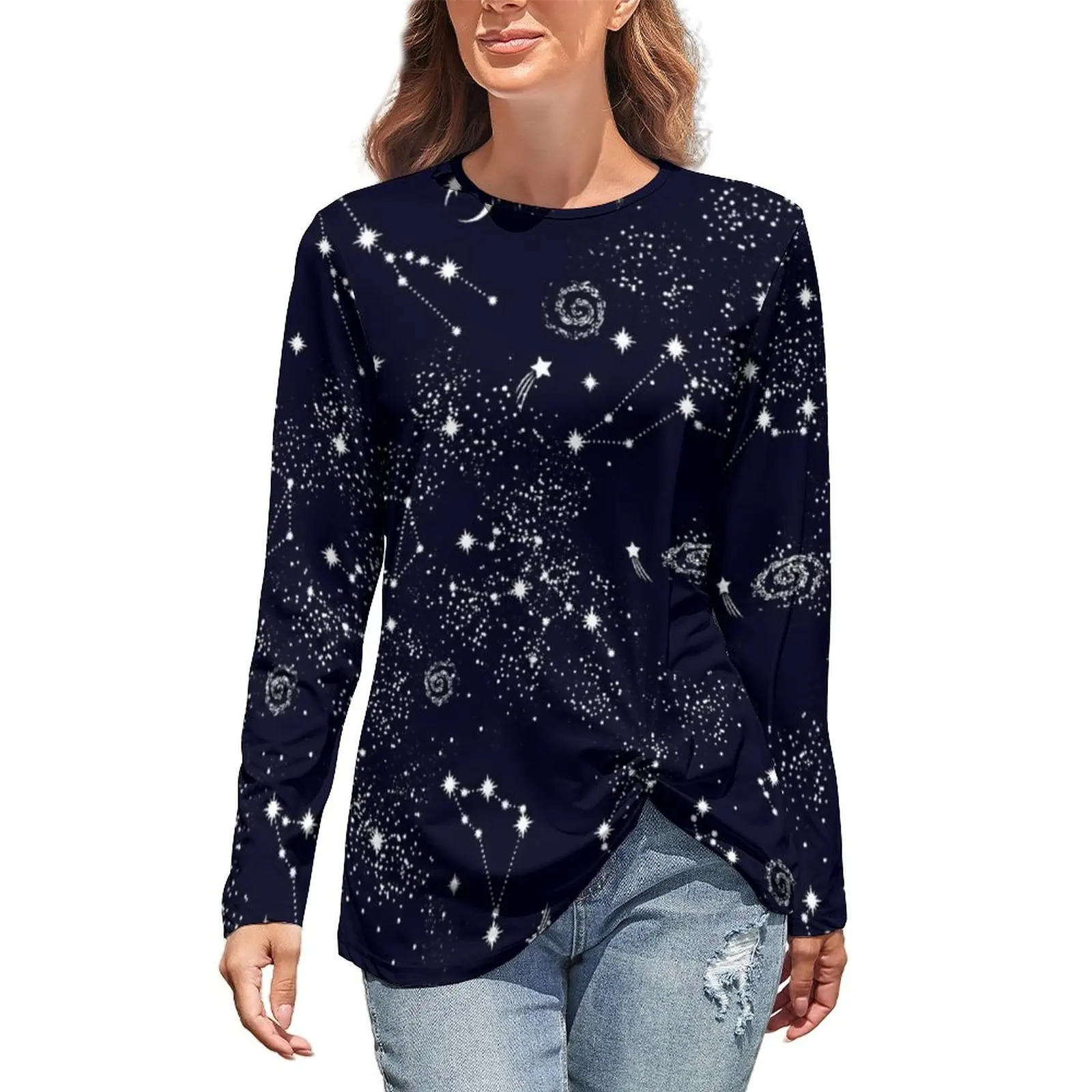 

Galaxy Print T Shirt Outer Space Constellation Pattern Kawaii Long-Sleeve T-Shirts Female Street Tshirt Oversized Graphic Tees