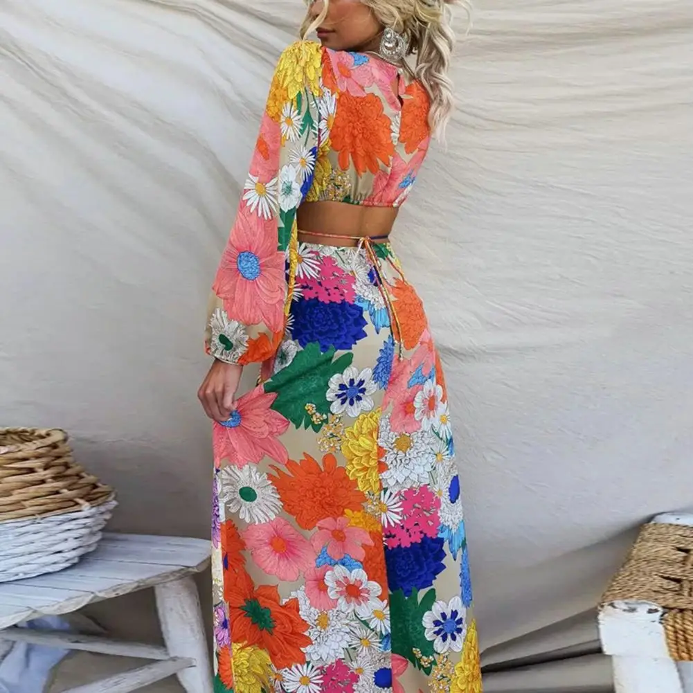 

Женское платье-макси с вырезом лодочкой, разноцветное Свободное платье с рукавами-фонариками и высокой талией для отпуска на осень и весну