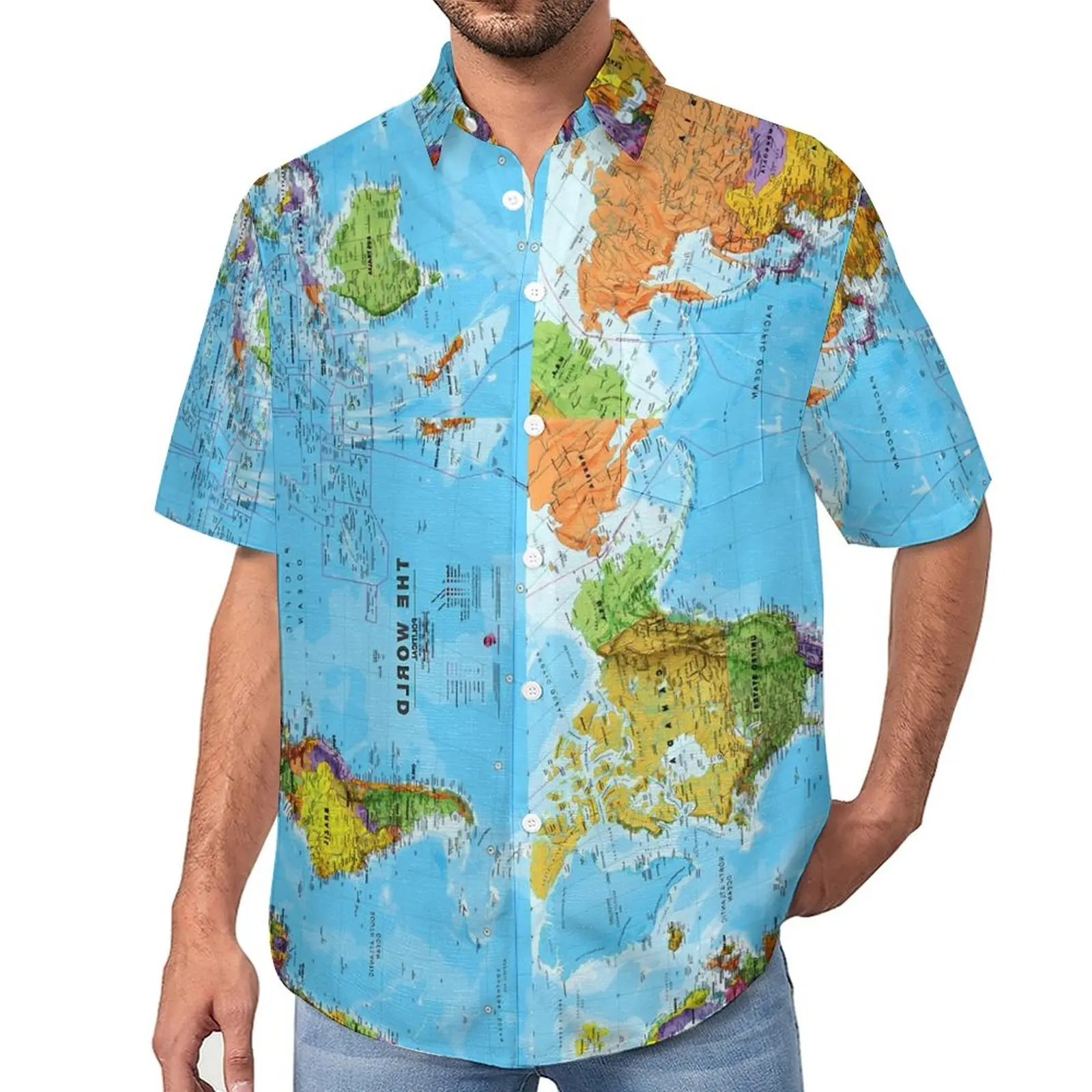

Повседневная рубашка с картой мира, Пляжная Свободная рубашка с винтажным принтом, Гавайские модные блузки, дизайнерский Топ оверсайз с коротким рукавом