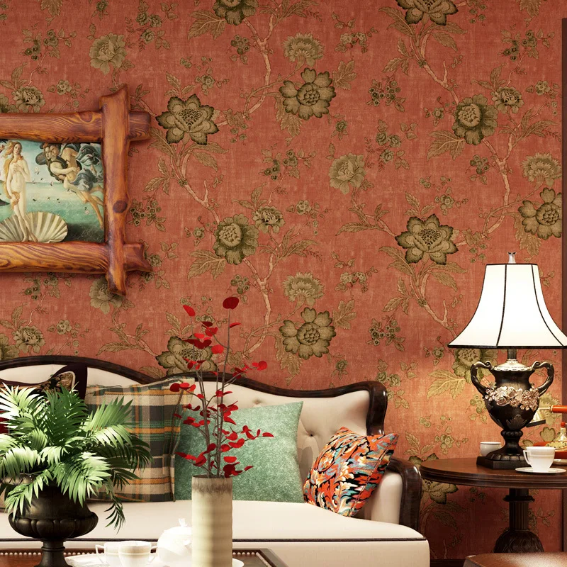 

American big flower wallpaper classic country retro sofa TV background Hermes orange orange red orange red wallpaper