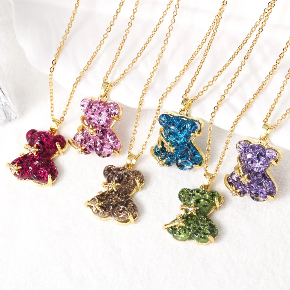 FLOLA милые акриловые ожерелья с плюшевым мишкой для женщин медные позолоченные со