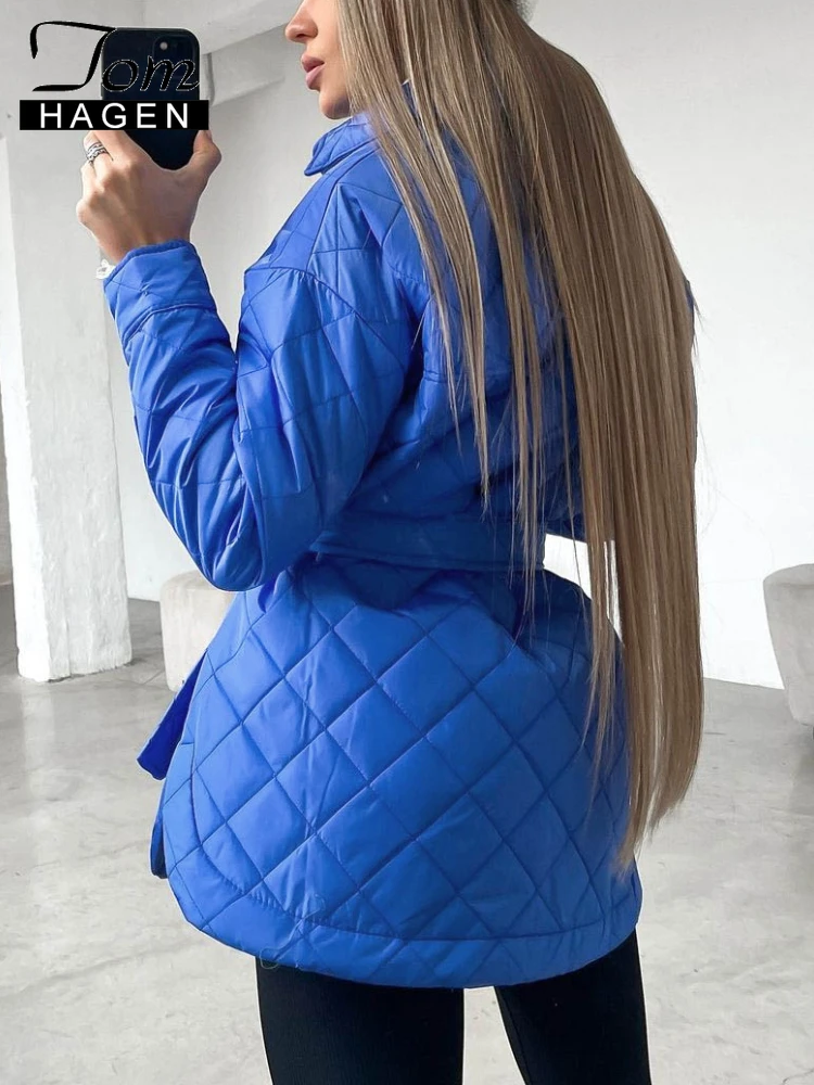Women's Winter Jacket Oversized Blue Parka Outwear Long Warm Loose Casual Coat Vintage Quilted Jacket for Women with Belt 2022