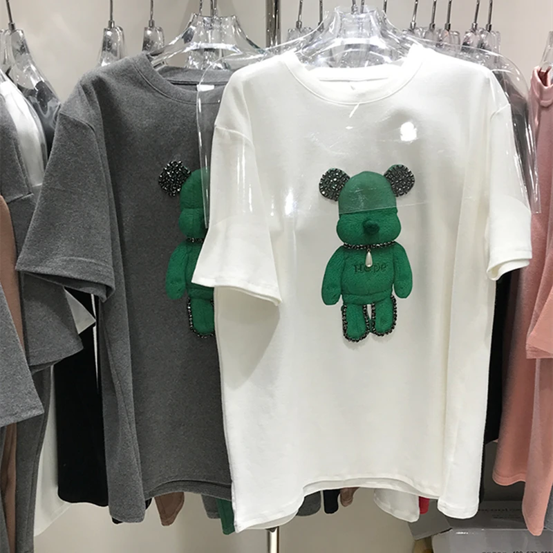 

Summer Bear T Shirt Women Loose O-neck Tops Harajuku Girls Funny T-shirt Female White Gray Short Sleeve Oversized Tee Ropa Mujer