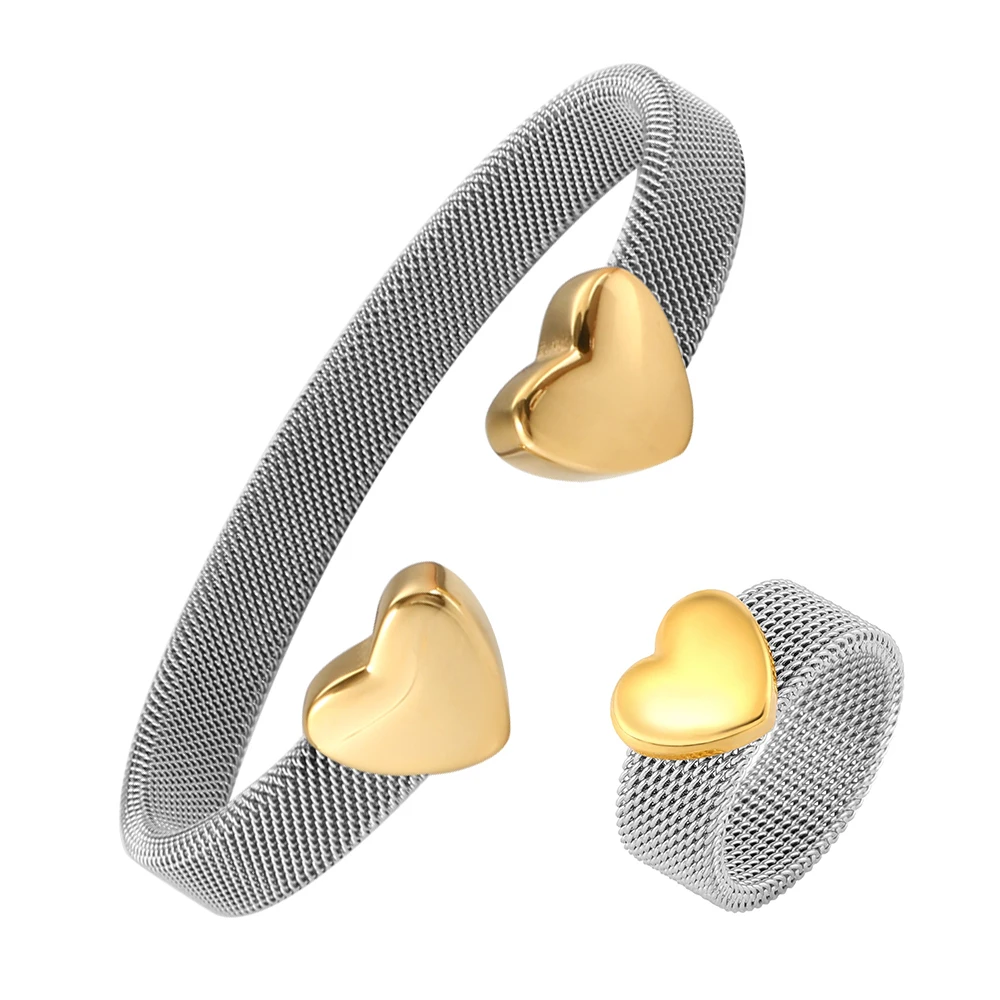 

Heart Bracelets Cuff Mesh Adjustable Opening Bangle Heart Love Mesh Rings For Women Men Lover Couple Wedding Trendy Jewelry Set