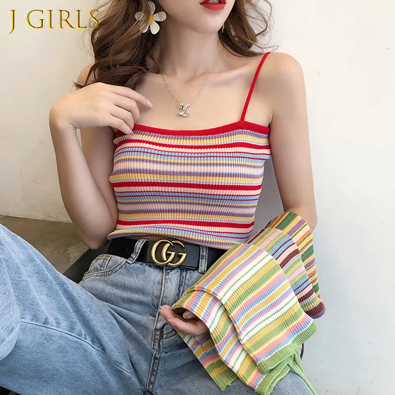 

J GIRLS women short tops summer Rainbow Striped Knitted basic Shirt vest ins street Sleeveless Suspender outwear vintage tank