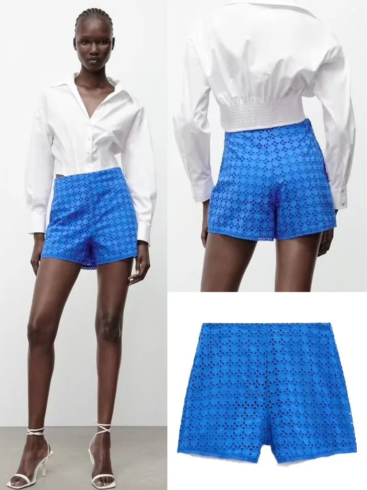 

Summer new women's fashion all-match hollow embroidery high waist slim casual straight shorts