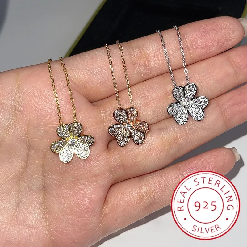 

925 Silver Full Diamond Clover Necklace For Women Europe And Usa New Fashion Sweet Temperament Ladies Famous Brand Jewelry Gift