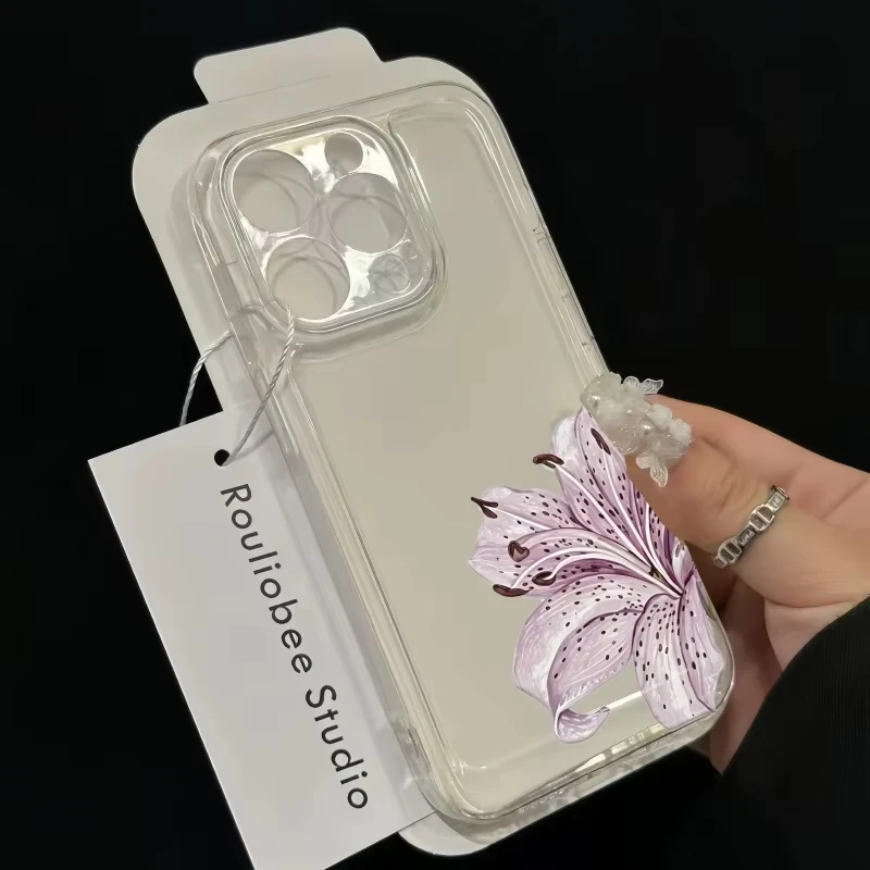 Фото Прозрачный чехол для телефона с принтом «Фиолетовая лилия» для iPhone 17 Pro Max, 16, 15 Pro, 14, 13, 12, 11, XR, XS, 17 Air, 16 Plus, мягкий силиконовый чехол №5