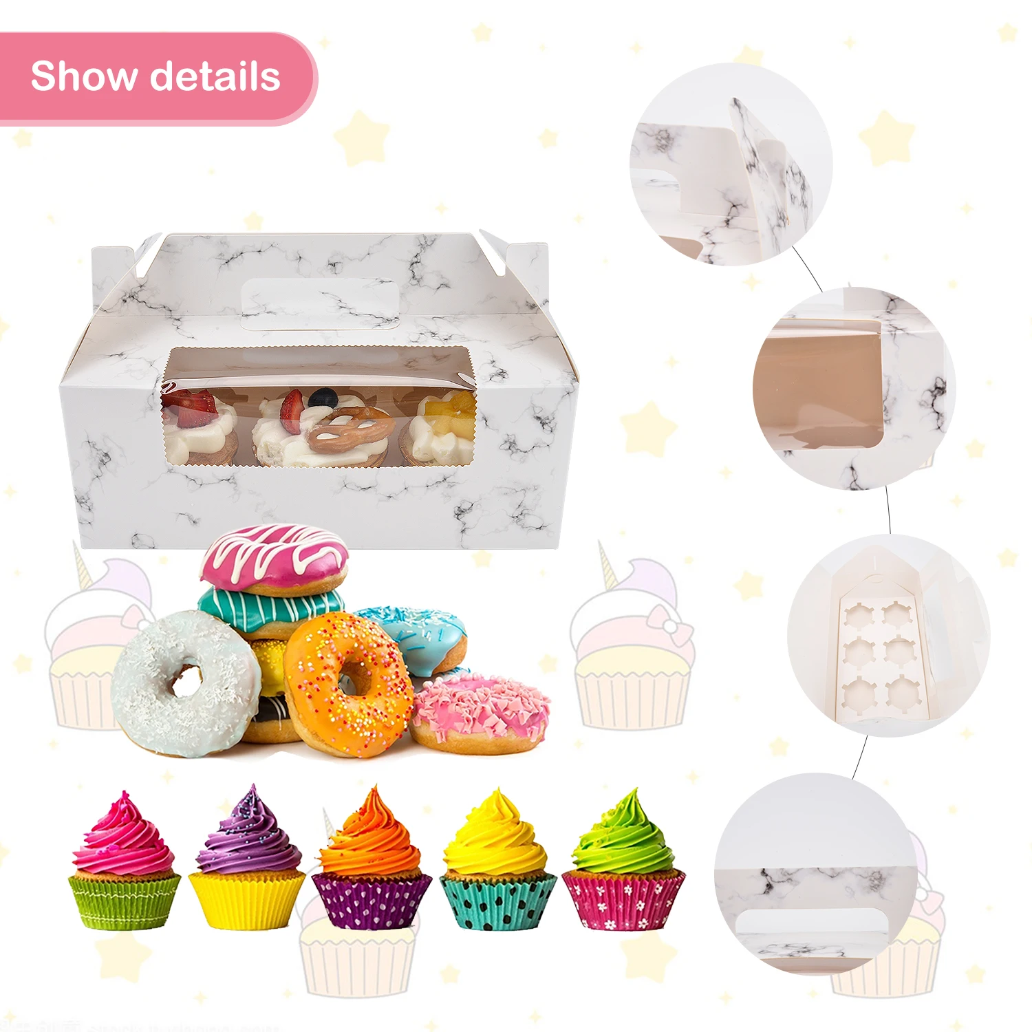 

Holes Portable Marbling Transparent Window Cupcake Box with Handle Muffin Paper Cake Candy Box Packaging wedding Gift