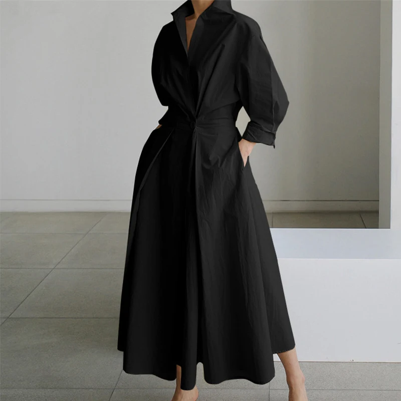 

Loose Cotton Linen Elastic High Waist Thin Temperament College Style Cardigan Dress Maxi Solid Color Belt Pleated Solid Color