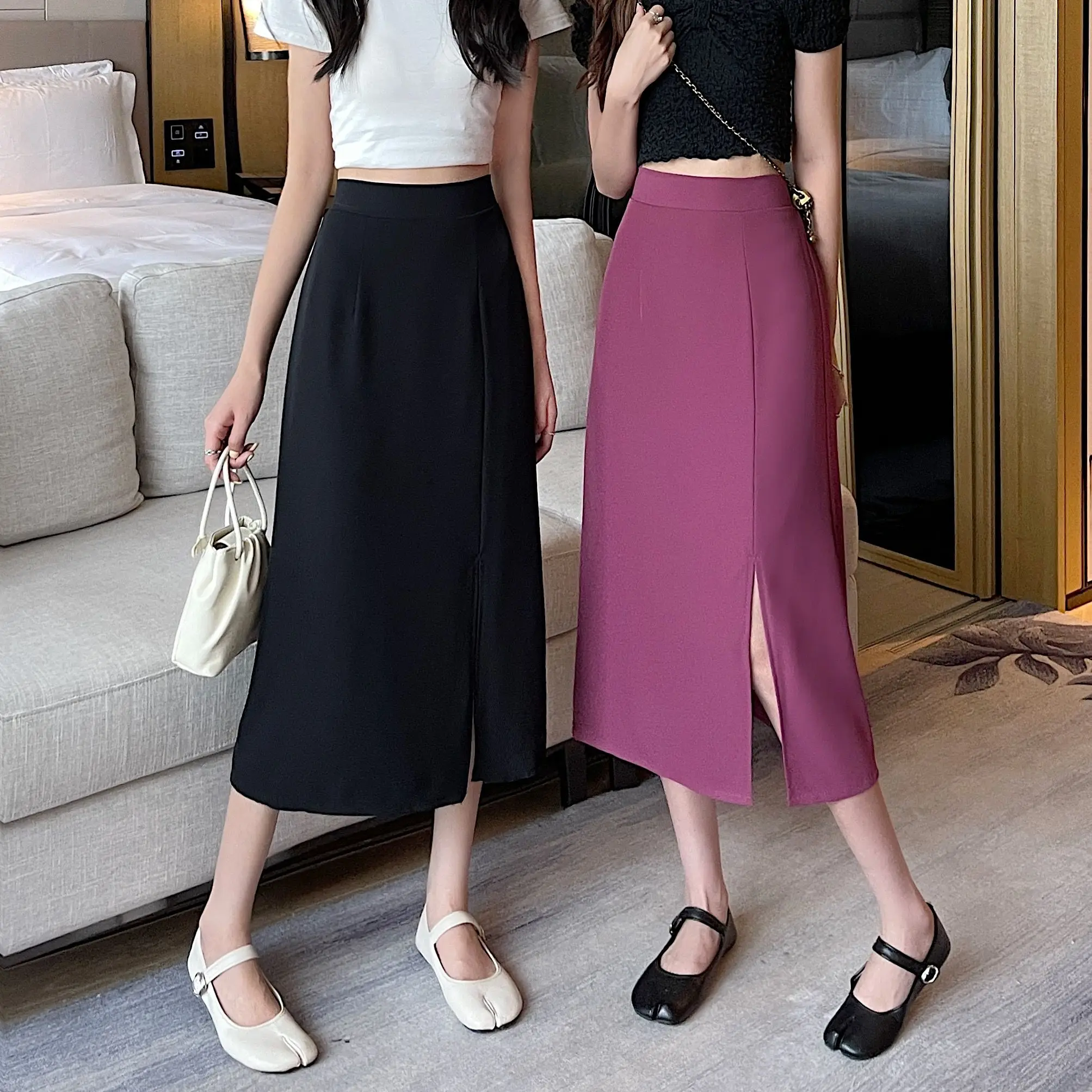 

COIGARSAM Women Skirt Summer High Waist Raspberry Powder Black Skirts Dropshipping