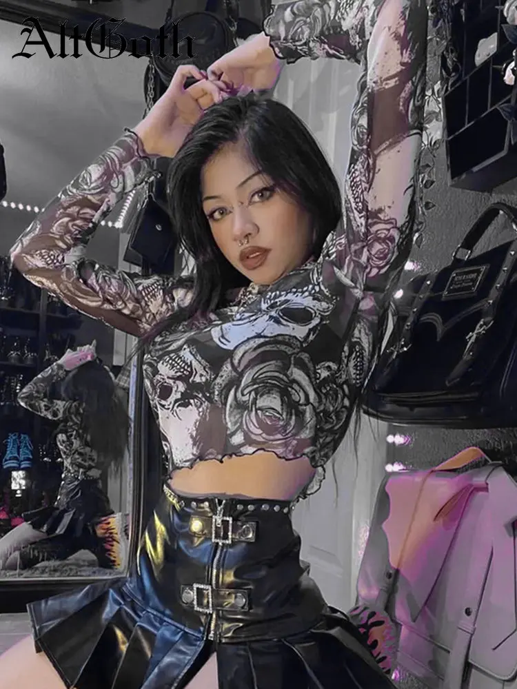 

AltGoth Gothic Dark Skull Mesh T-shirt Women Streetwear Emo Alternative Grunge O-neck Long Sleeve See Through Tee Tops Female