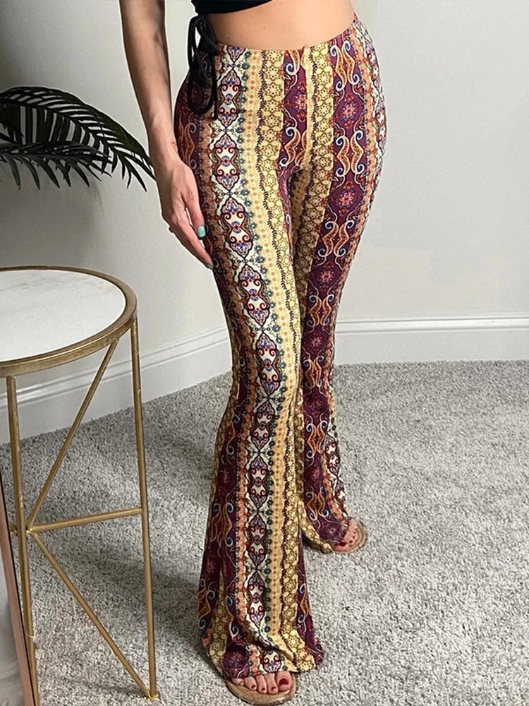 

2022 Spring Fashion High Waist Bodycon Pants Summer Women Casual Flare Leggings Pants Vintage Print Chic Boho Wide Leg Trouser