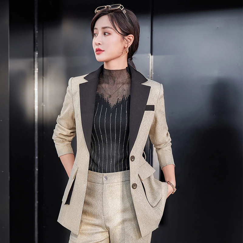 Женский деловой костюм в стиле пэчворк куртка и брюки Женская Офисная Униформа