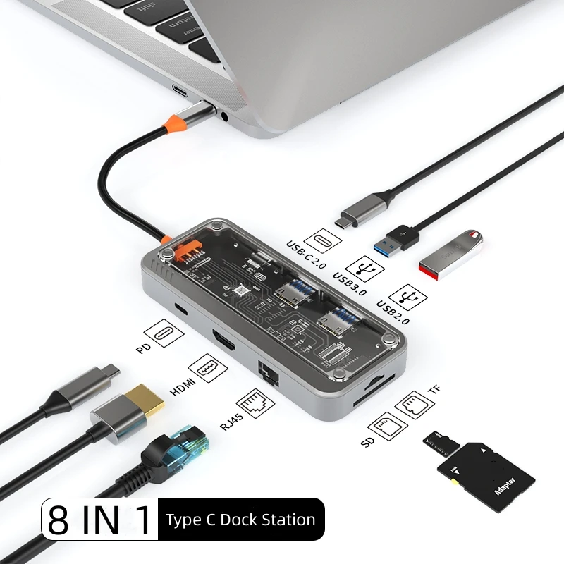 

8 Ports Transparent USB C HUB PD 100W Type C to 4K30Hz Laptop Docking Station Splitter HDMI PD 3.0 USB RJ45 TF SD Card Reader