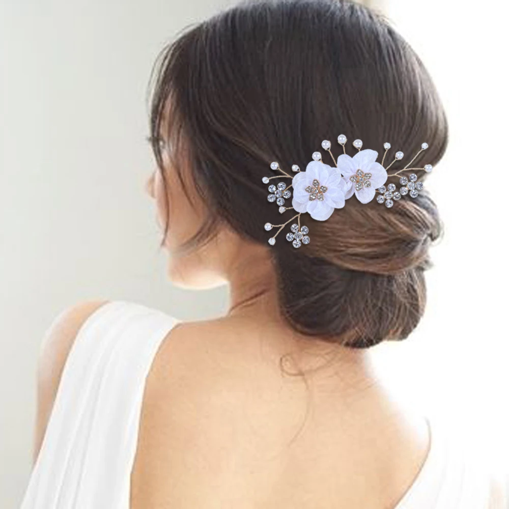 

Bridal Hair Comb With Organza Flower Pink Rhinestones Headdress With Pearls Decoration Wedding Accessories Flowers Headpiece