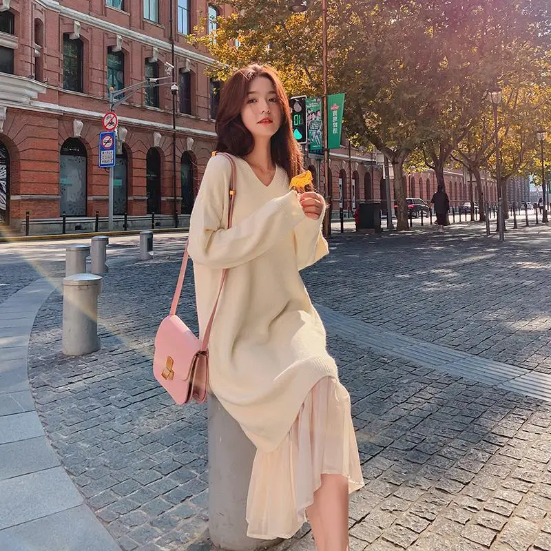

Fall Winter Elegant Chic Knit Sweater Dress Vestido Korean Long Sleeve Vneck Lace Patchwork Party MIDI Sweater Dress Women 2022