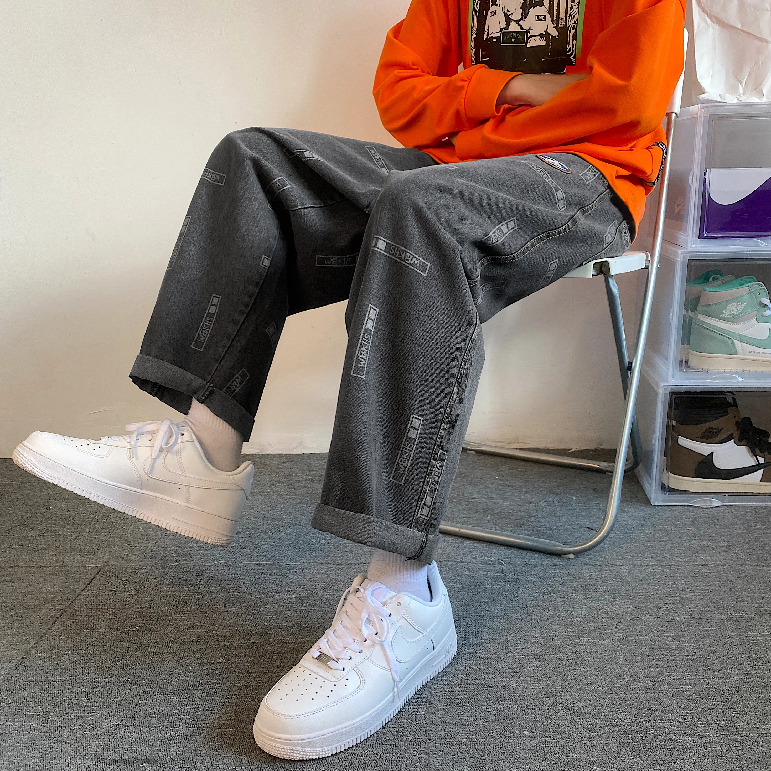 High Street Letter Print Straight Baggy Black Jeans For Men Casual Korean Fashion Denim Trousers Y2K Streetwear Clothings