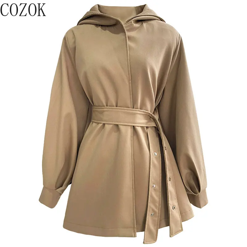 

Elegant Skirt Hemline Type Waist-Controlled Lace-up Trench Coat Women's Spring and Autumn New Profile Hooded Top
