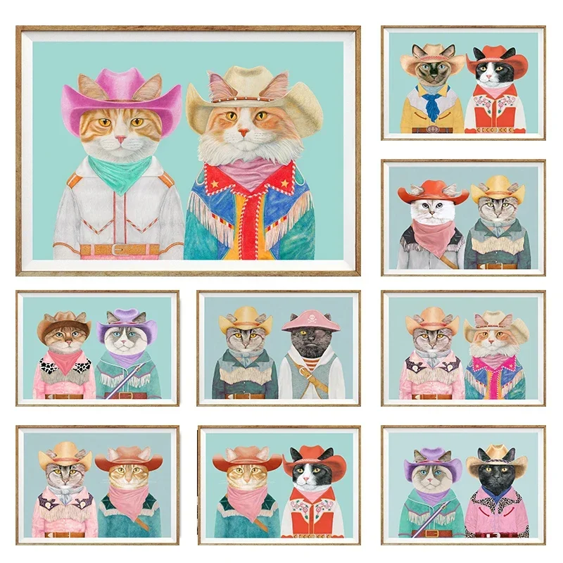 Красочный постер Родео два кота ковбойский холст картина эстетическое настенное