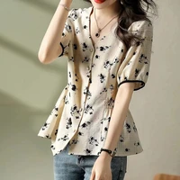 fashion v neck button printed shirring floral shirt womens clothing 2022 new commute tops loose puff sleeve chic blouses