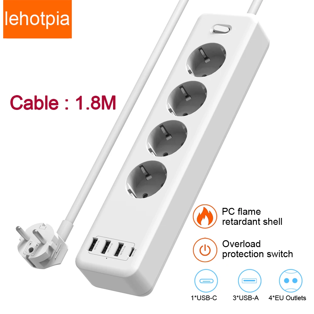 

EU Outlets Power Strip Overload Protection Jack Wall Mounted AC Electrical Socket With Extension Cord USB Type C For Home Office