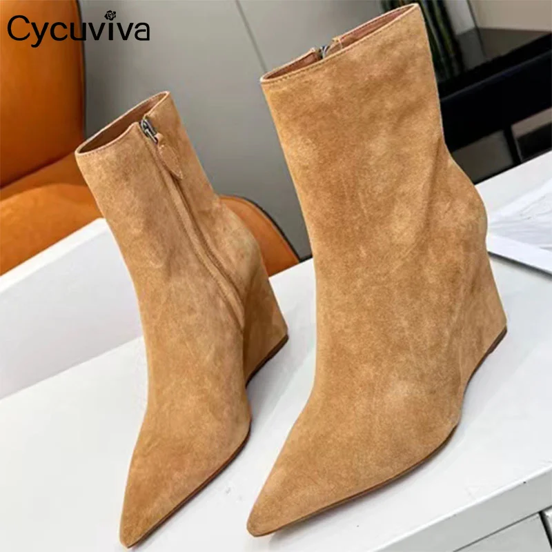 

Quality Suede Leather Wedage Heel Modern Short Boots Women Sexy Point Toe High Heel Ankle Boots Women Runway Brand Botas Mujer
